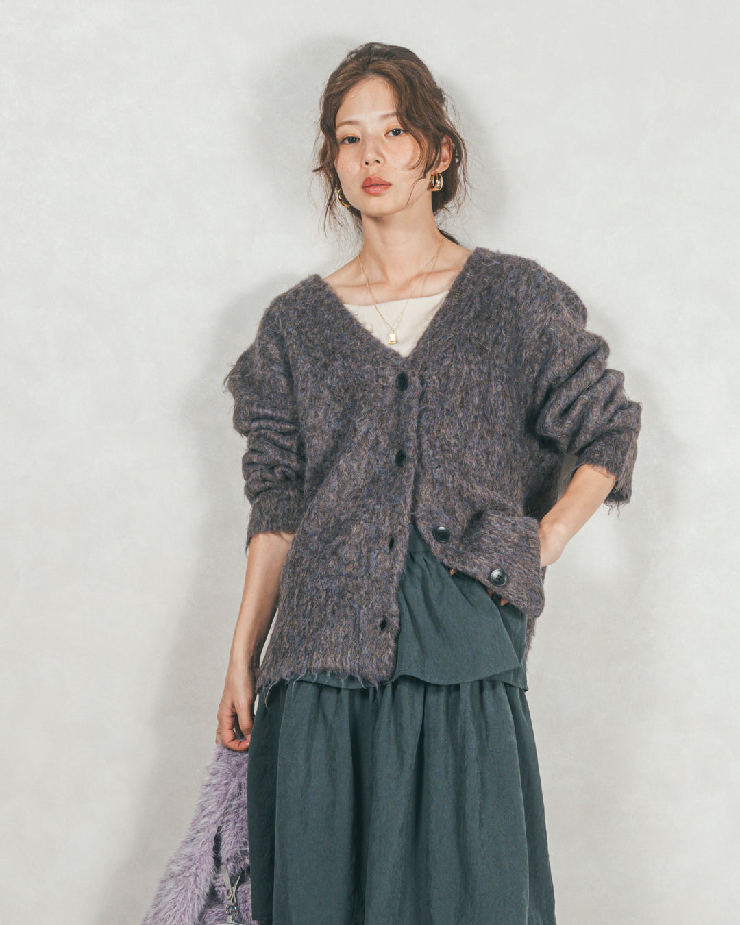 ［SET］Airyフェザー ニットカーディガン+Flareティアードロングスカート（2SET）