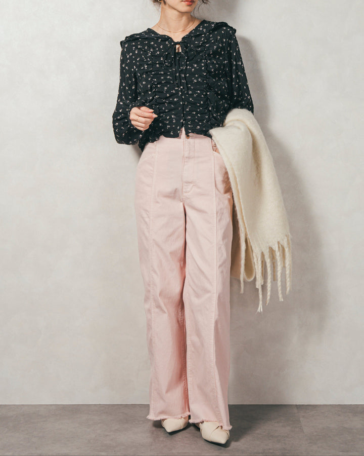 ［SET］Flowerプリントフリルブラウス+センターシーム リラックスカラーデニム（2SET）