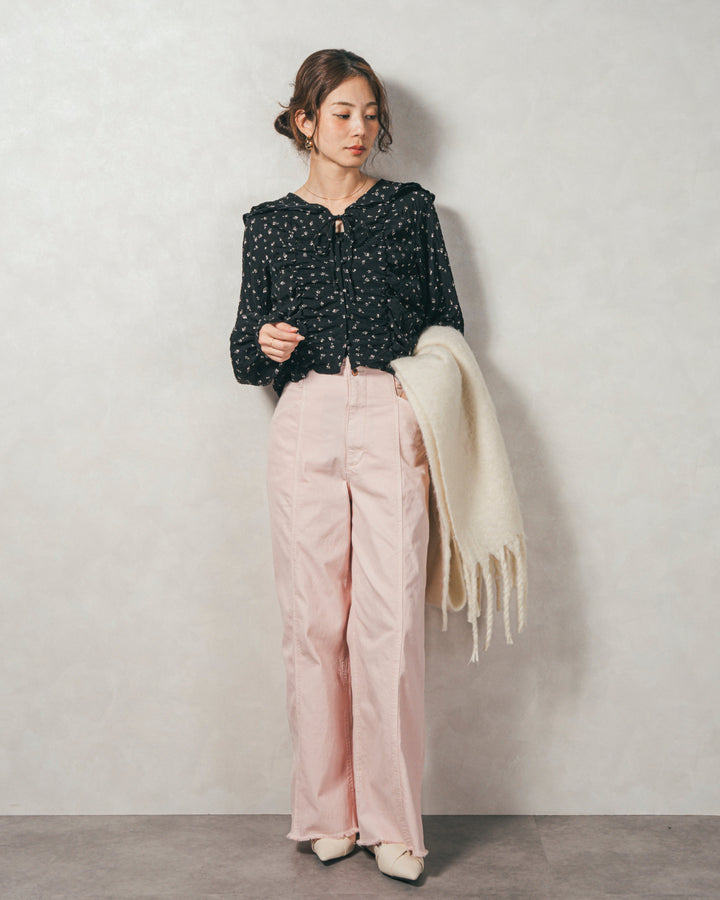 ［SET］Flowerプリントフリルブラウス+センターシーム リラックスカラーデニム（2SET）