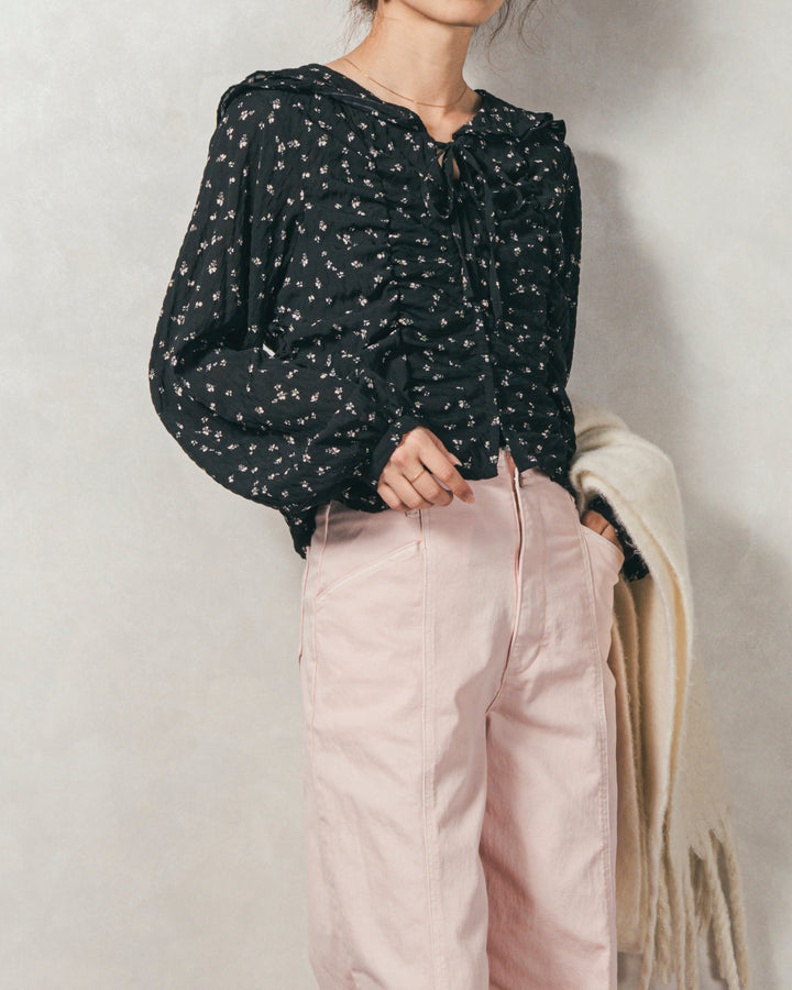 ［SET］Flowerプリントフリルブラウス+センターシーム リラックスカラーデニム（2SET）