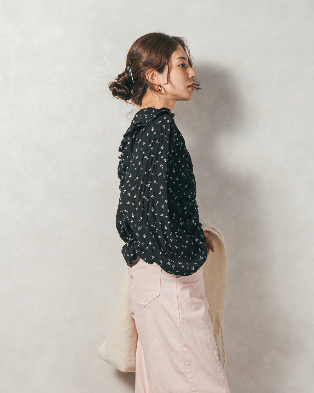 ［SET］Flowerプリントフリルブラウス+センターシーム リラックスカラーデニム（2SET）