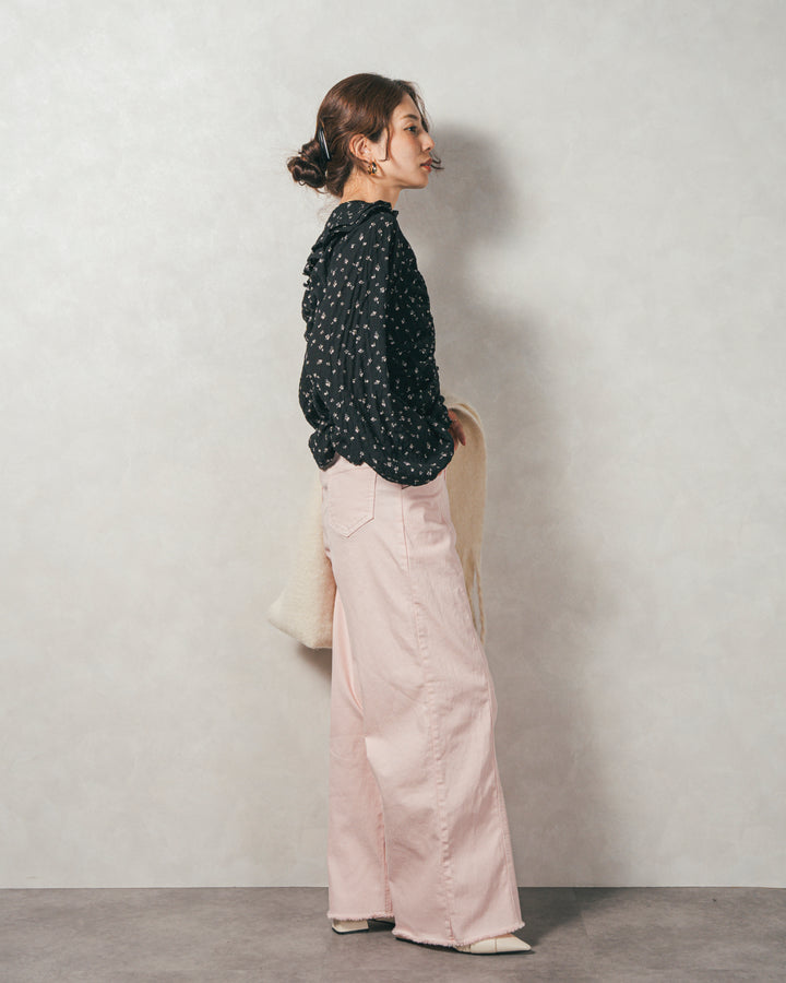 ［SET］Flowerプリントフリルブラウス+センターシーム リラックスカラーデニム（2SET）