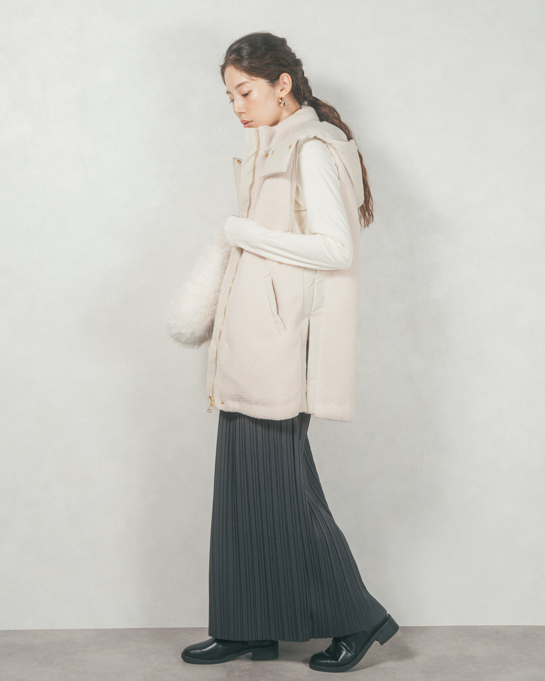 ［SET］ボアxナイロン フーディーベスト+プリーツNarrowロングスカート（2SET）