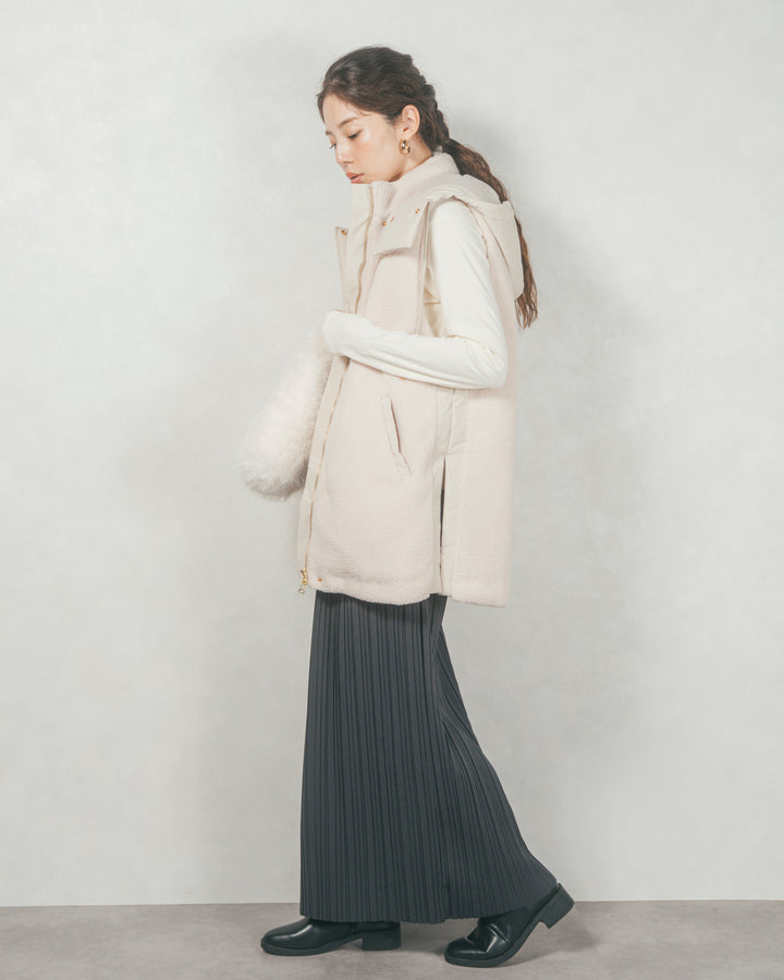 ［SET］ボアxナイロン フーディーベスト+プリーツNarrowロングスカート（2SET）