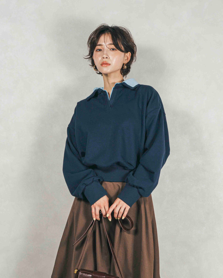 シャツ Layered クロップドスウェット (NAVY × BLUE）