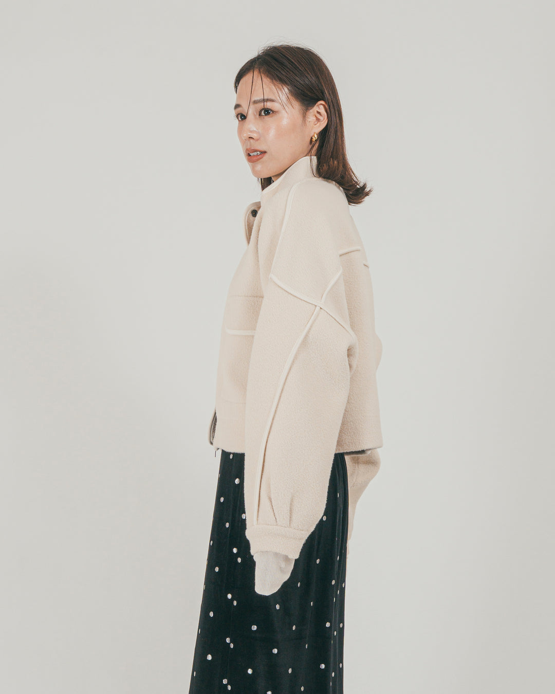 ［SET］Softショートニットブルゾン + Dot ベロアスカート（2SET）