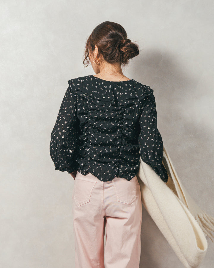 ［SET］Flowerプリントフリルブラウス+センターシーム リラックスカラーデニム（2SET）