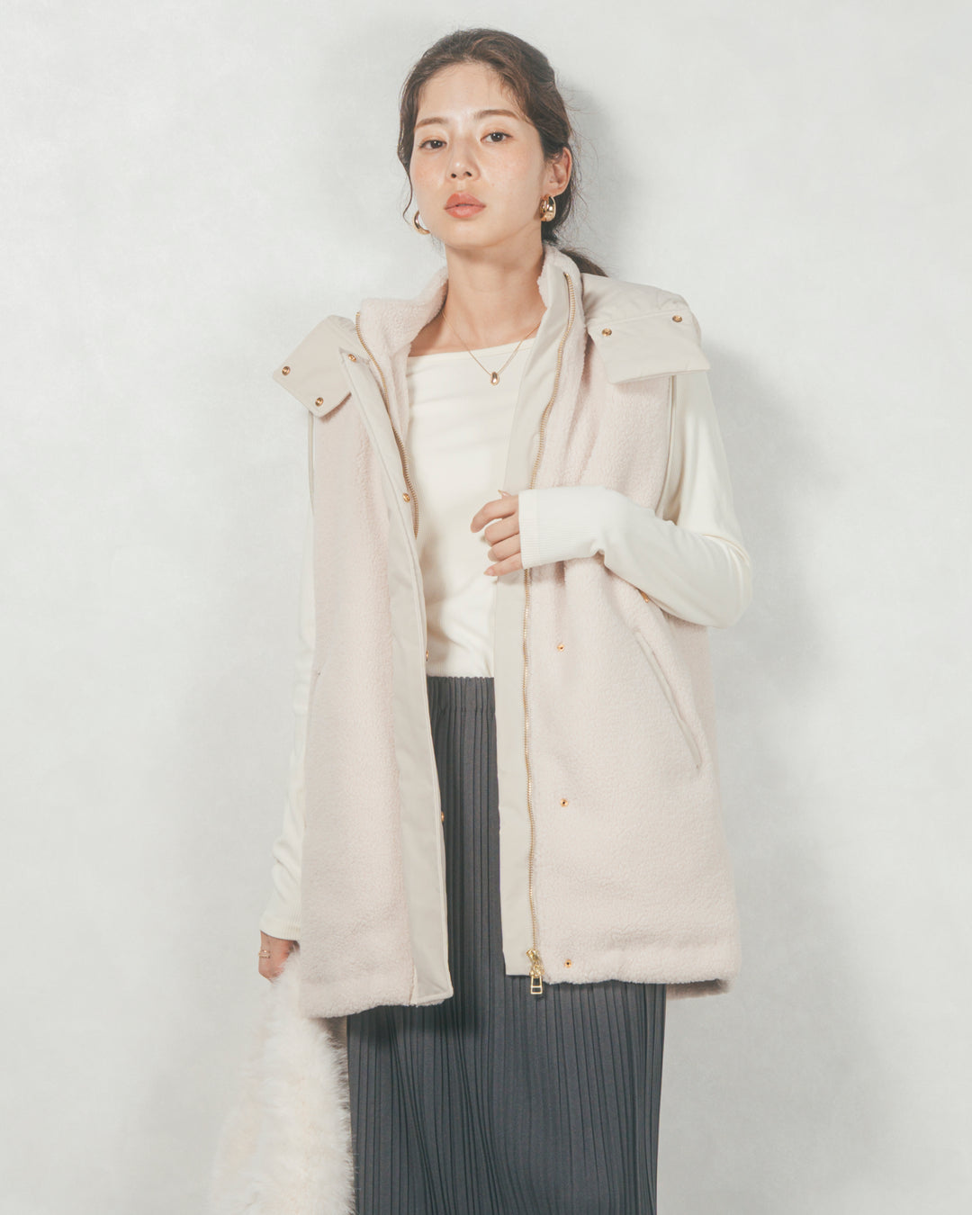 ［SET］ボアxナイロン フーディーベスト+プリーツNarrowロングスカート（2SET）