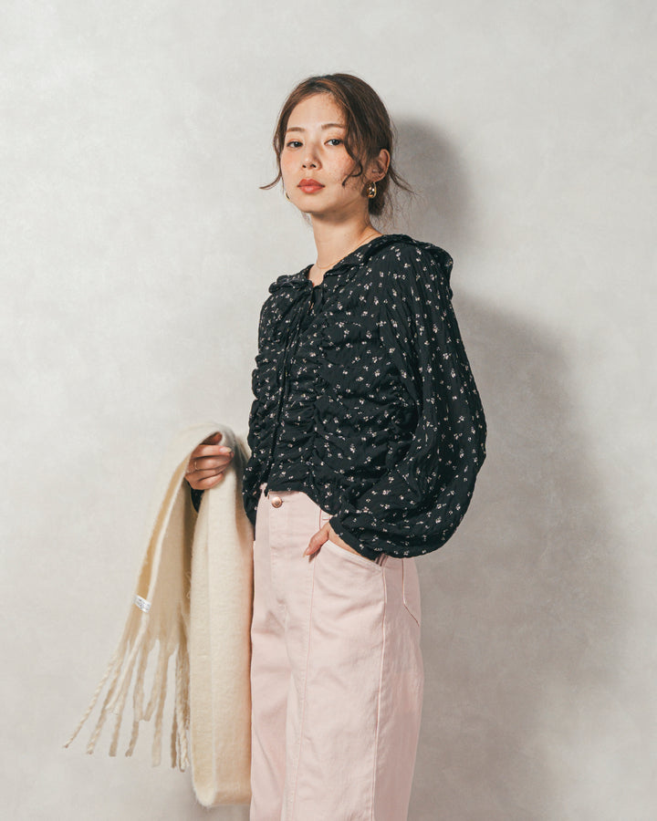 ［SET］Flowerプリントフリルブラウス+センターシーム リラックスカラーデニム（2SET）