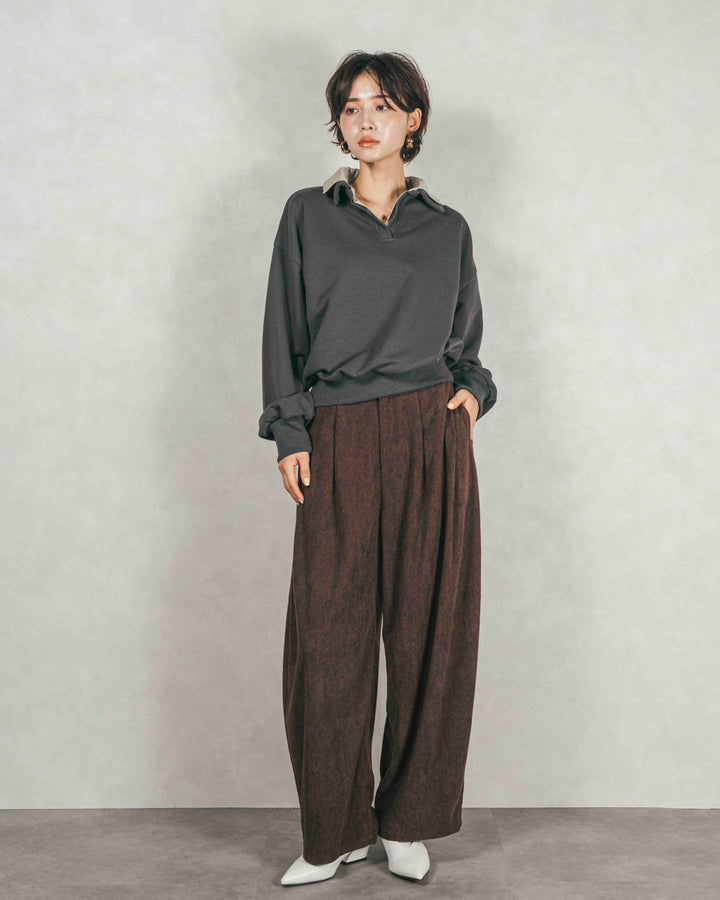 ［SET］シャツ Layered クロップドスウェット+サイドタックコクーンコーデュロイパンツ（2SET）