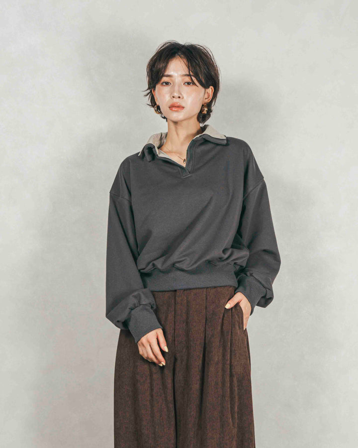 ［SET］シャツ Layered クロップドスウェット+サイドタックコクーンコーデュロイパンツ（2SET）