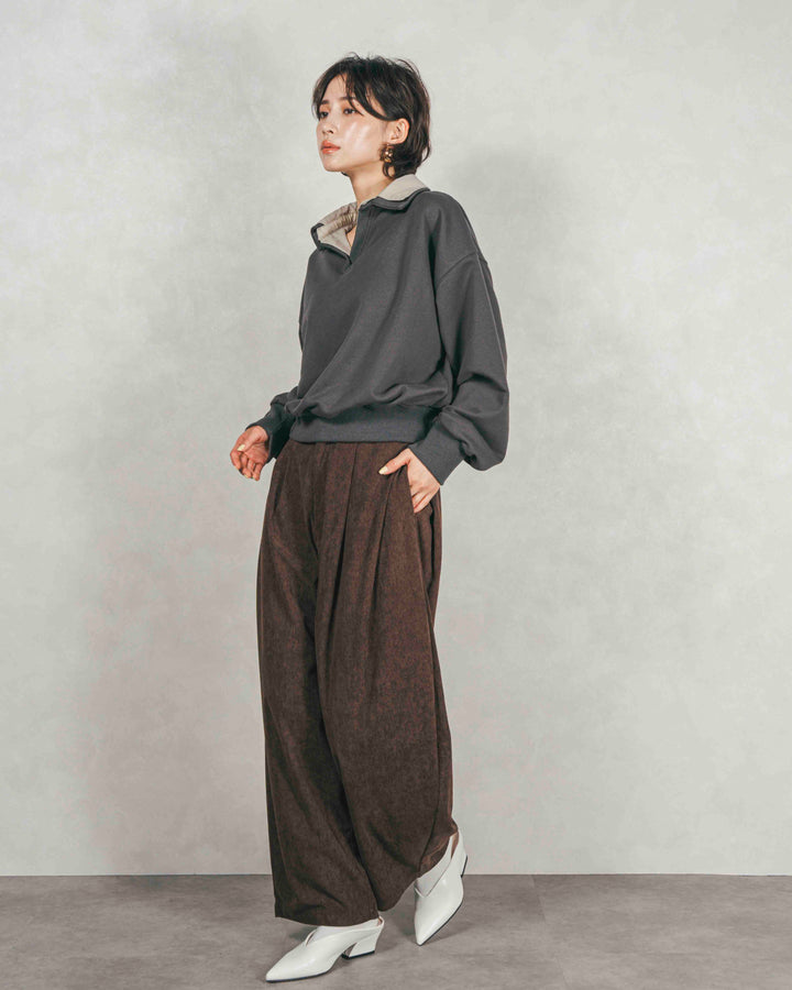 ［SET］シャツ Layered クロップドスウェット+サイドタックコクーンコーデュロイパンツ（2SET）