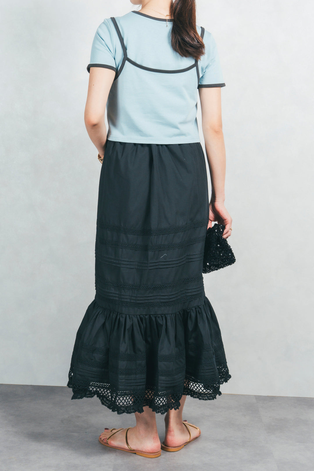 ［SET］キャミ付きリンガーTシャツ+T/C ティアードスカート（2SET）