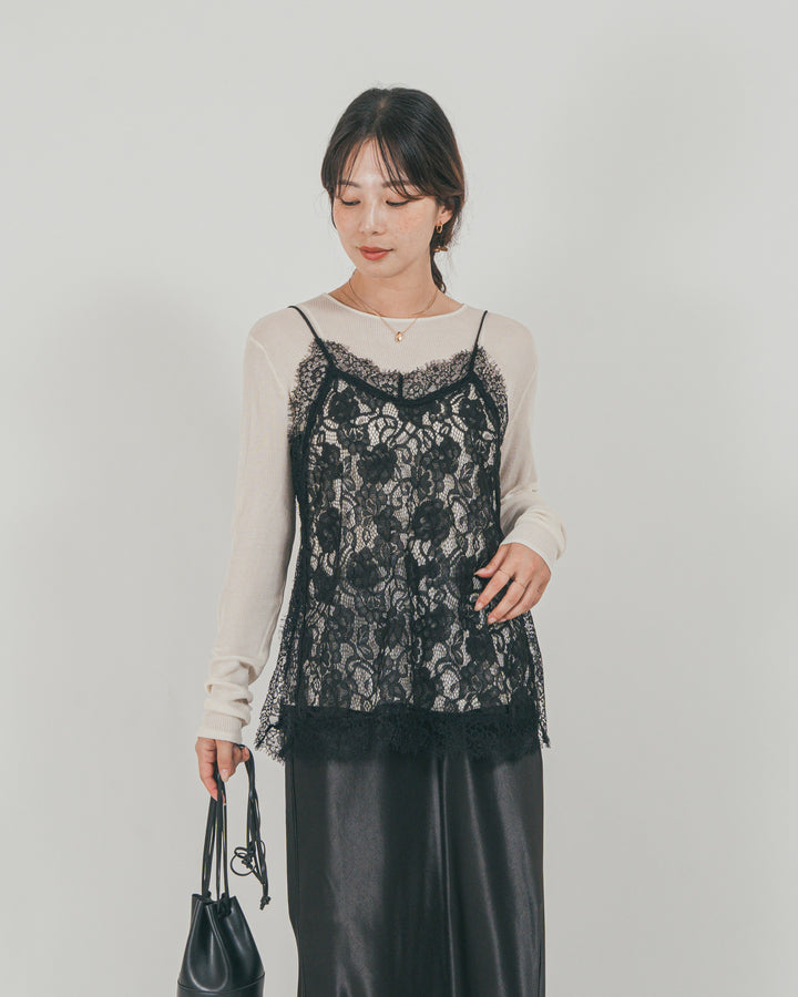 ［SET］ラッセルレース キャミ + ボートネックSheerリブニット + サテンNarrowスカート（3SET）