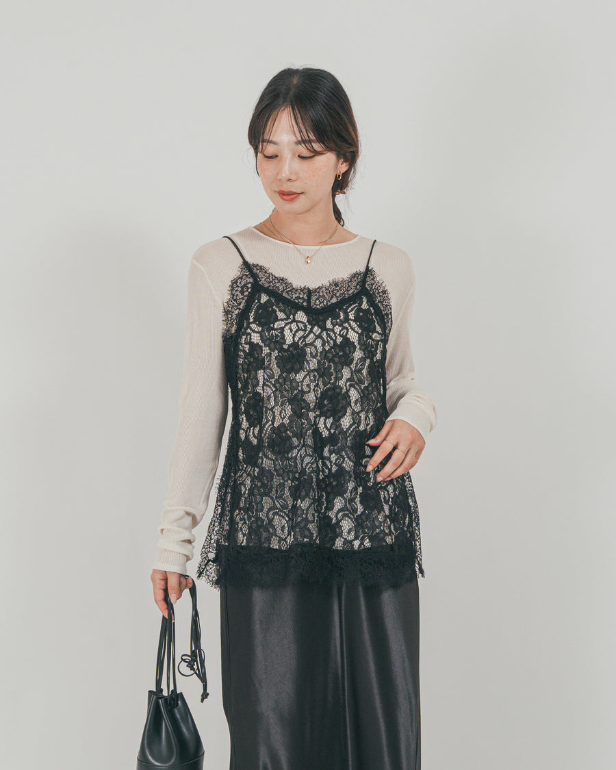 ［SET］ラッセルレース キャミ + ボートネックSheerリブニット + サテンNarrowスカート（3SET）