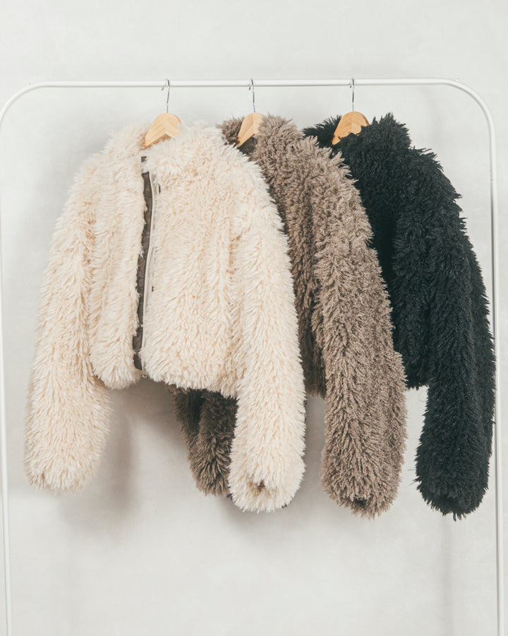 ［SET］プードルボアZipショートコート+ワイドTuckイージーデニム（2SET）