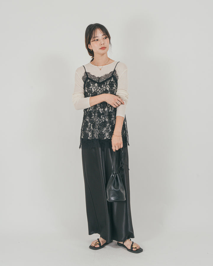 ［SET］ラッセルレース キャミ + ボートネックSheerリブニット + サテンNarrowスカート（3SET）