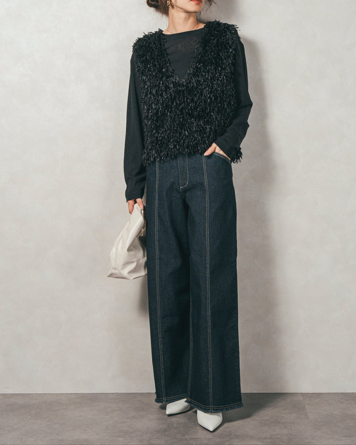 ［SET］2-Way フリンジベスト+スラブシアークルーネックT+センターシーム リラックスカラーデニム（3SET）
