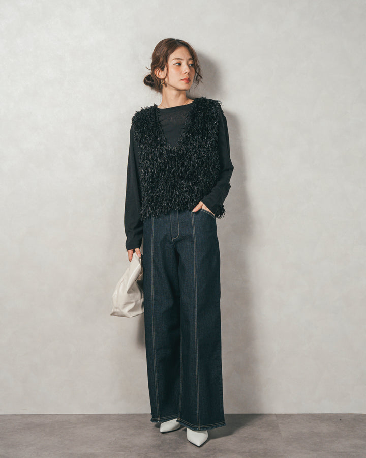 ［SET］2-Way フリンジベスト+スラブシアークルーネックT+センターシーム リラックスカラーデニム（3SET）