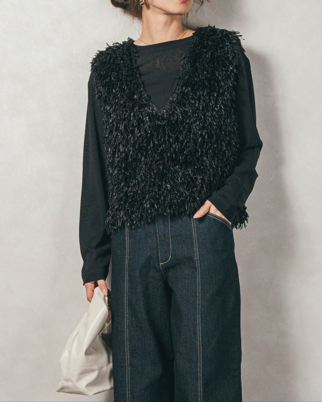 ［SET］2-Way フリンジベスト+スラブシアークルーネックT+センターシーム リラックスカラーデニム（3SET）