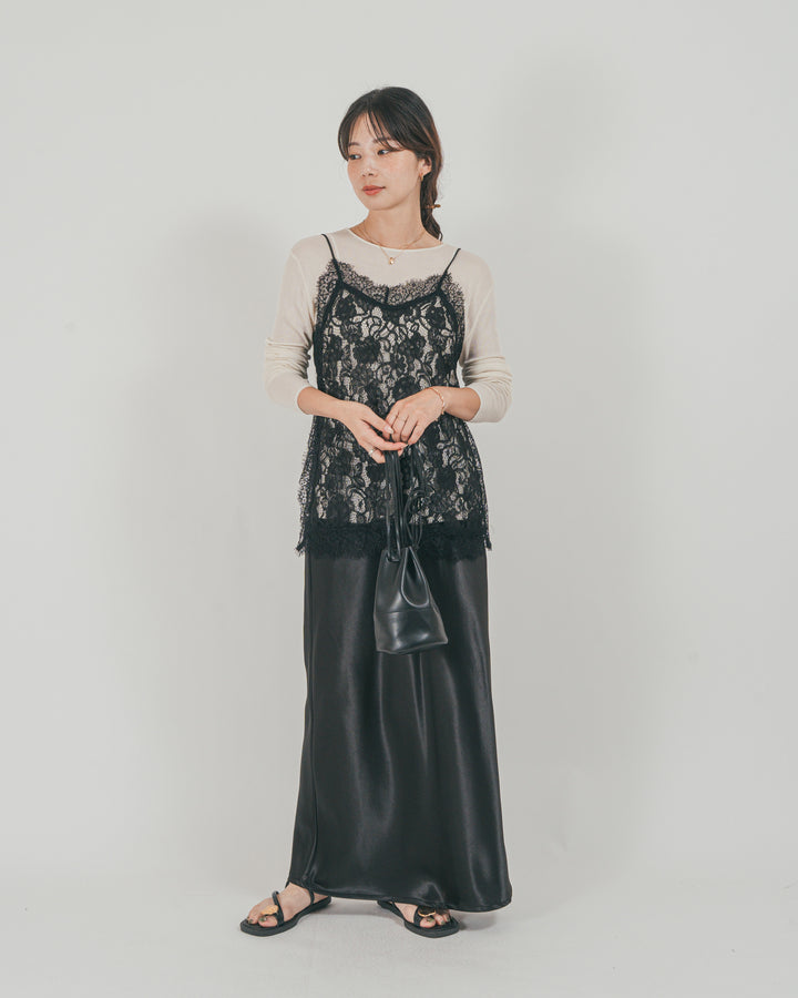 ［SET］ラッセルレース キャミ + ボートネックSheerリブニット + サテンNarrowスカート（3SET）