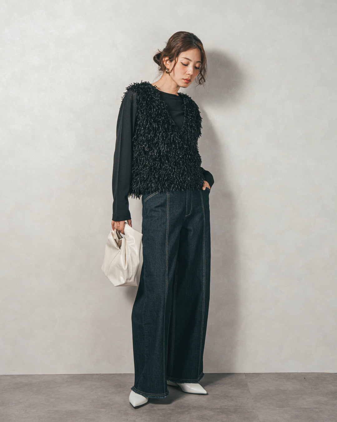 ［SET］2-Way フリンジベスト+スラブシアークルーネックT+センターシーム リラックスカラーデニム（3SET）