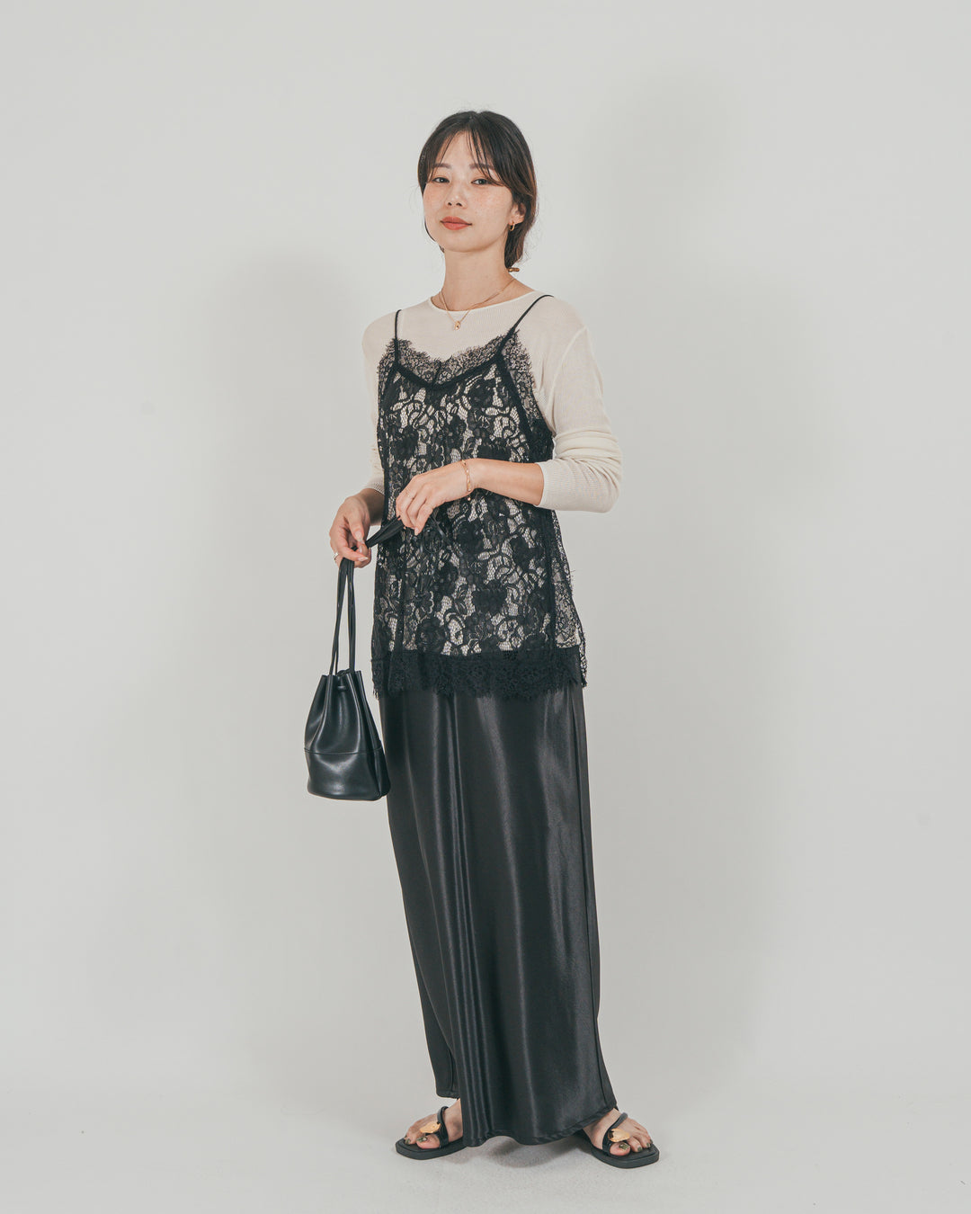 ［SET］ラッセルレース キャミ + ボートネックSheerリブニット + サテンNarrowスカート（3SET）