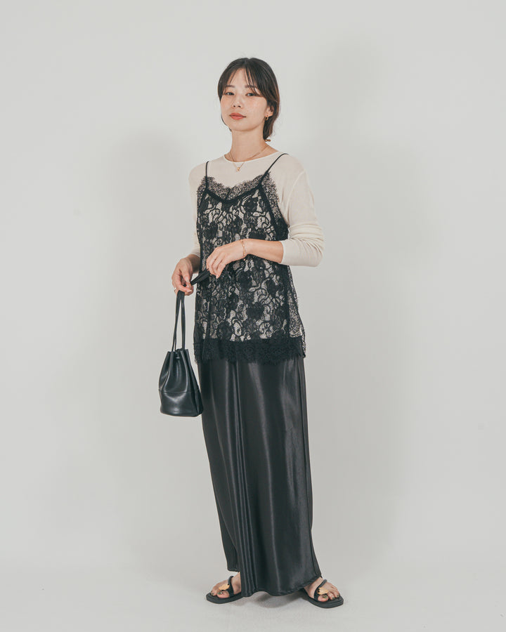 ［SET］ラッセルレース キャミ + ボートネックSheerリブニット + サテンNarrowスカート（3SET）