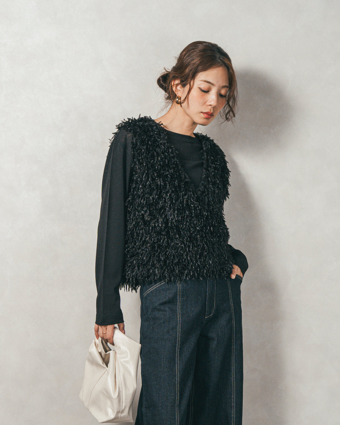 ［SET］2-Way フリンジベスト+スラブシアークルーネックT+センターシーム リラックスカラーデニム（3SET）