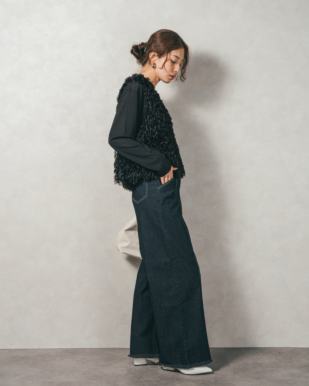 ［SET］2-Way フリンジベスト+スラブシアークルーネックT+センターシーム リラックスカラーデニム（3SET）