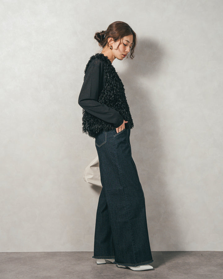 ［SET］2-Way フリンジベスト+スラブシアークルーネックT+センターシーム リラックスカラーデニム（3SET）