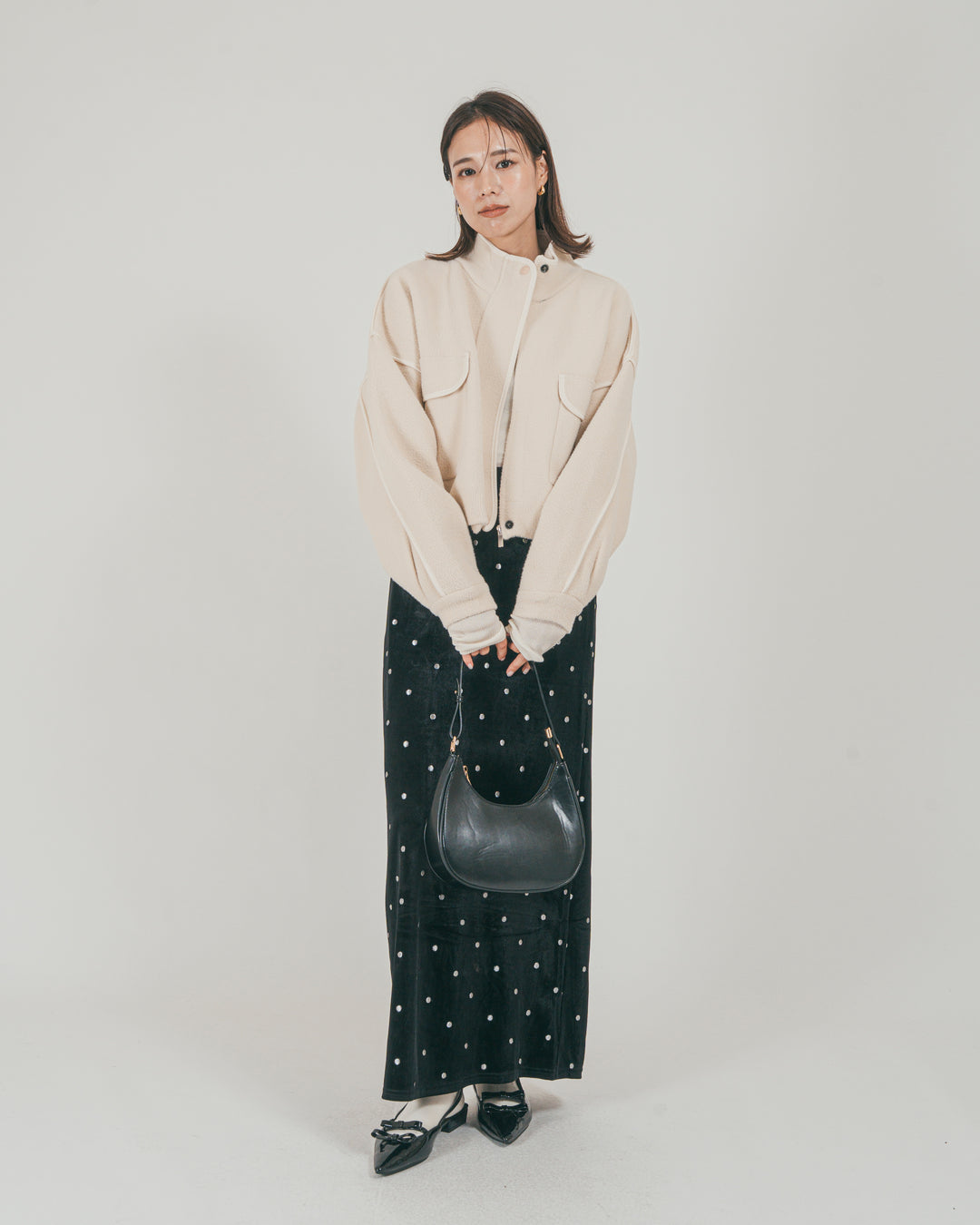 ［SET］Softショートニットブルゾン + Dot ベロアスカート（2SET）