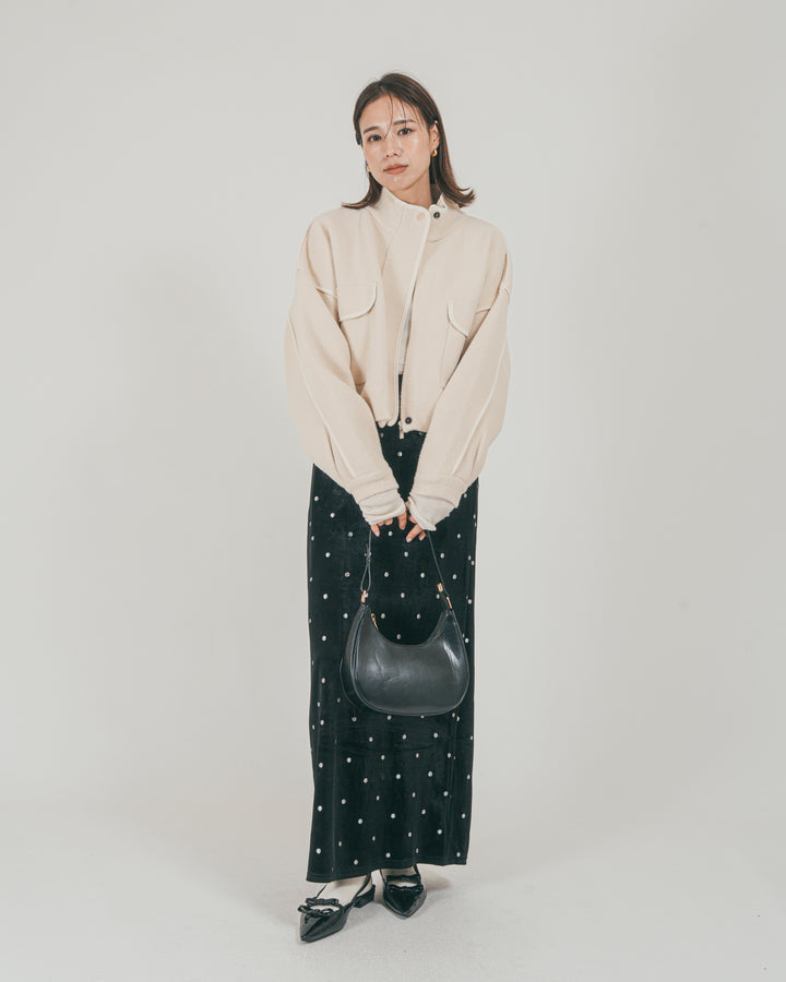 ［SET］Softショートニットブルゾン + Dot ベロアスカート（2SET）