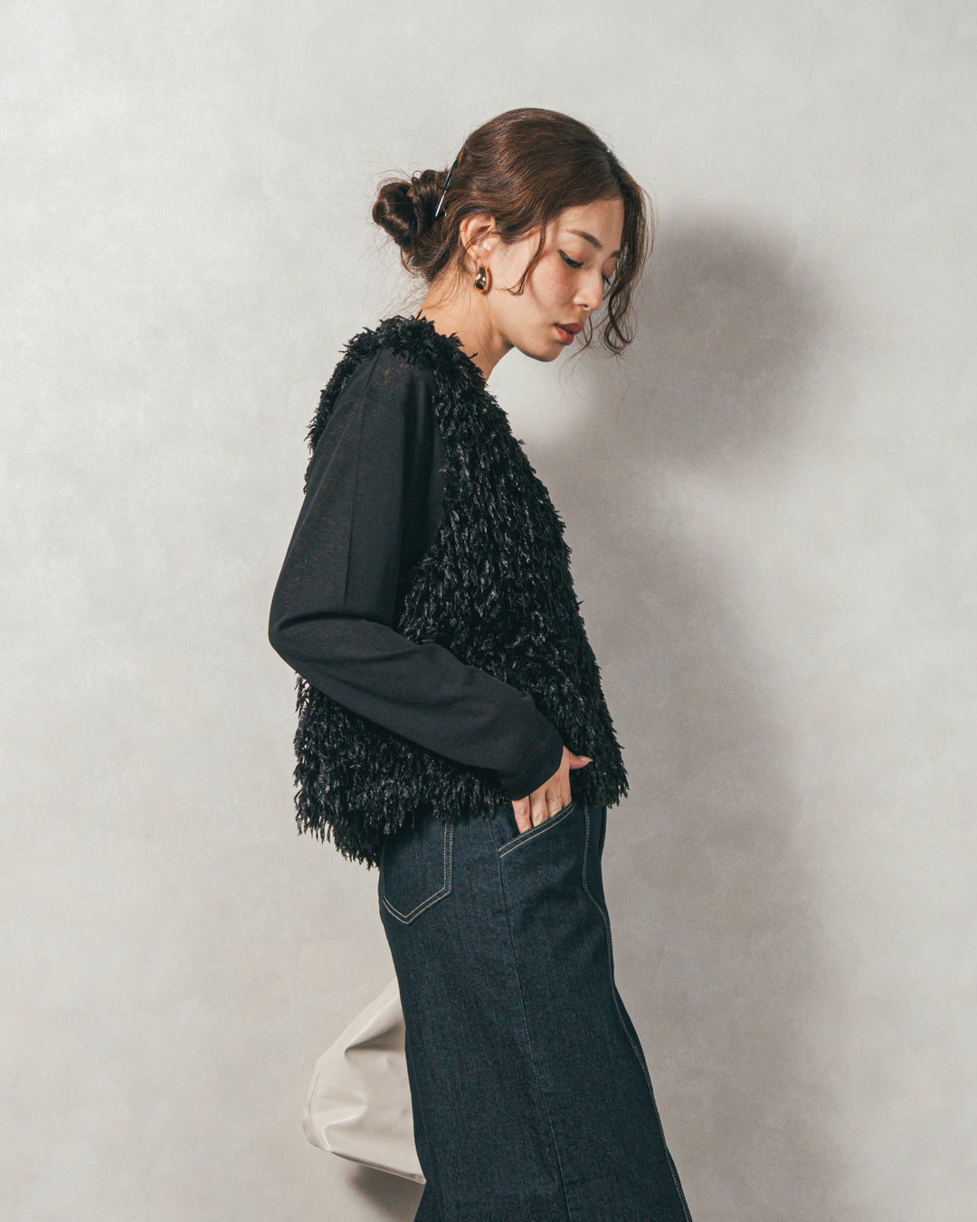 ［SET］2-Way フリンジベスト+スラブシアークルーネックT+センターシーム リラックスカラーデニム（3SET）