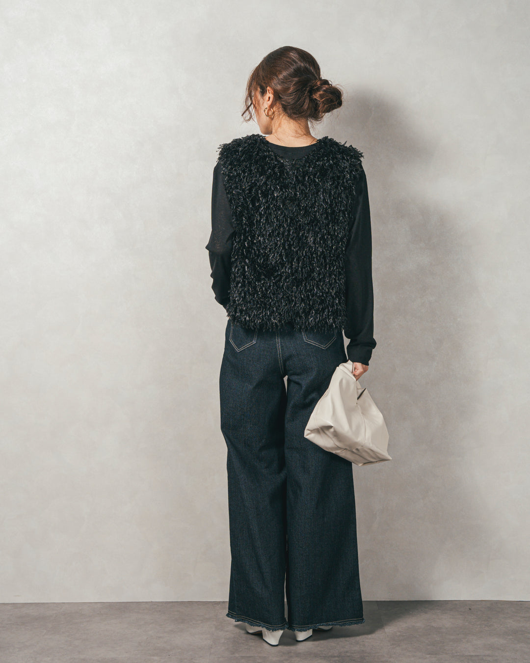 ［SET］2-Way フリンジベスト+スラブシアークルーネックT+センターシーム リラックスカラーデニム（3SET）