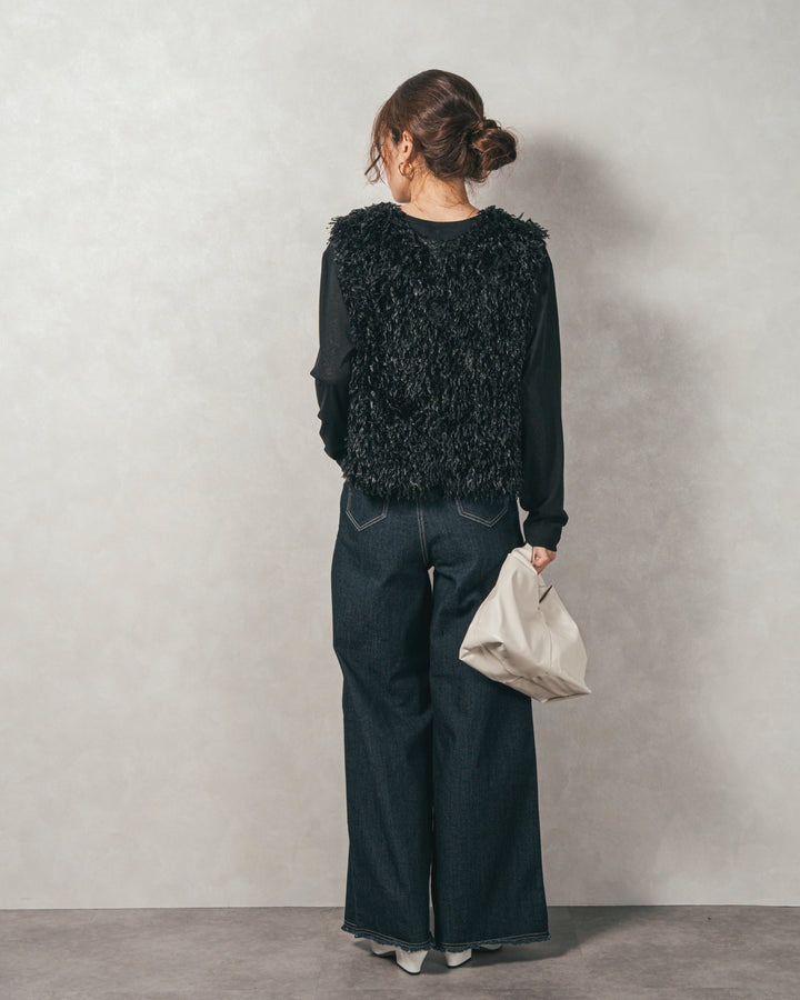 ［SET］2-Way フリンジベスト+スラブシアークルーネックT+センターシーム リラックスカラーデニム（3SET）