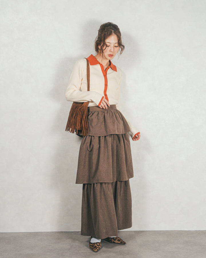 ［SET］バイカラー襟付きニットトップス+Flareティアードロングスカート（2SET）