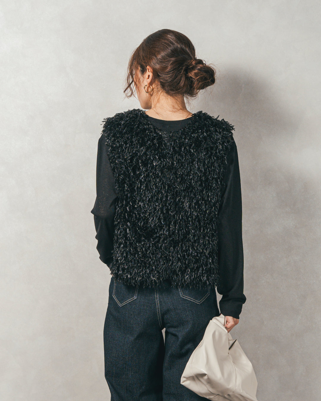 ［SET］2-Way フリンジベスト+スラブシアークルーネックT+センターシーム リラックスカラーデニム（3SET）