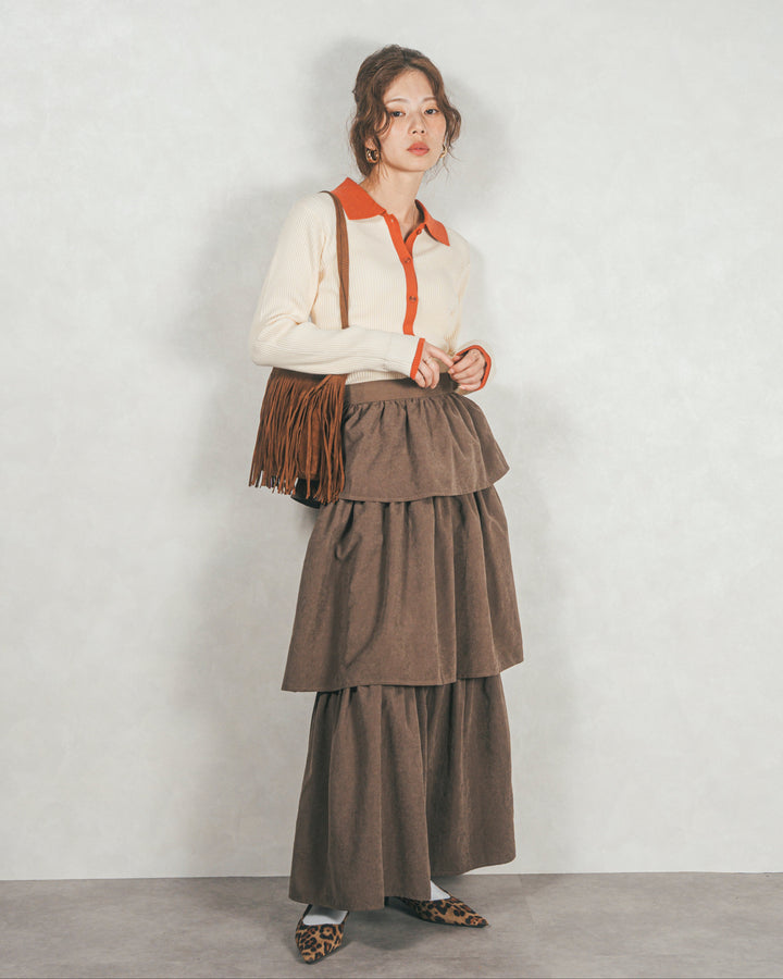 ［SET］バイカラー襟付きニットトップス+Flareティアードロングスカート（2SET）