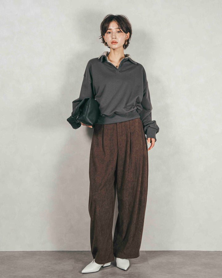 ［SET］シャツ Layered クロップドスウェット+サイドタックコクーンコーデュロイパンツ（2SET）