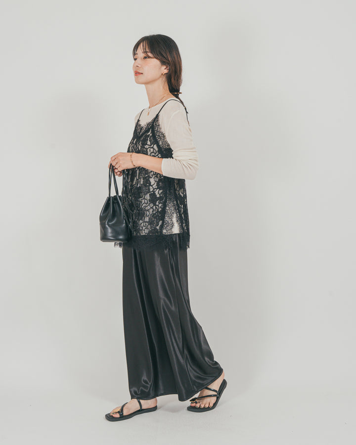 ［SET］ラッセルレース キャミ + ボートネックSheerリブニット + サテンNarrowスカート（3SET）