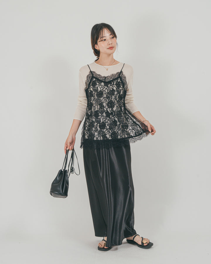 ［SET］ラッセルレース キャミ + ボートネックSheerリブニット + サテンNarrowスカート（3SET）