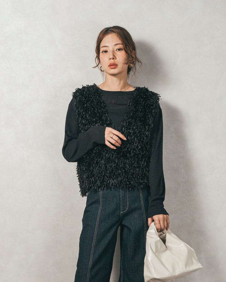 ［SET］2-Way フリンジベスト+スラブシアークルーネックT+センターシーム リラックスカラーデニム（3SET）