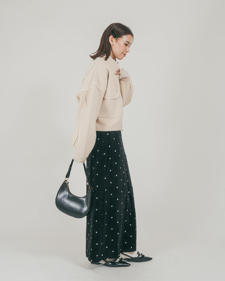 ［SET］Softショートニットブルゾン + Dot ベロアスカート（2SET）
