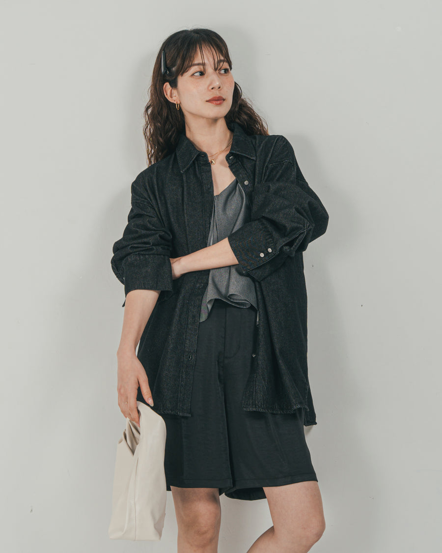 ［SET］Airy Denim オーバーシャツ + Vintageサテン　ハーフパンツ（2SET）