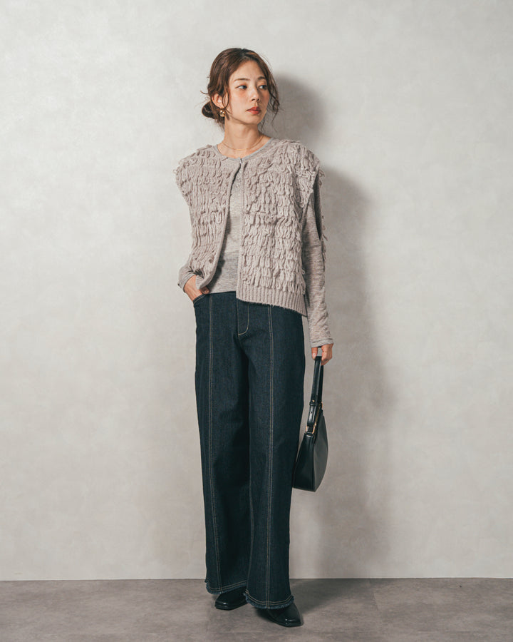 ［SET］ループ編みフリンジニットベスト+Sheerリブヘンリーネックトップス+センターシーム リラックスカラーデニム（3SET）
