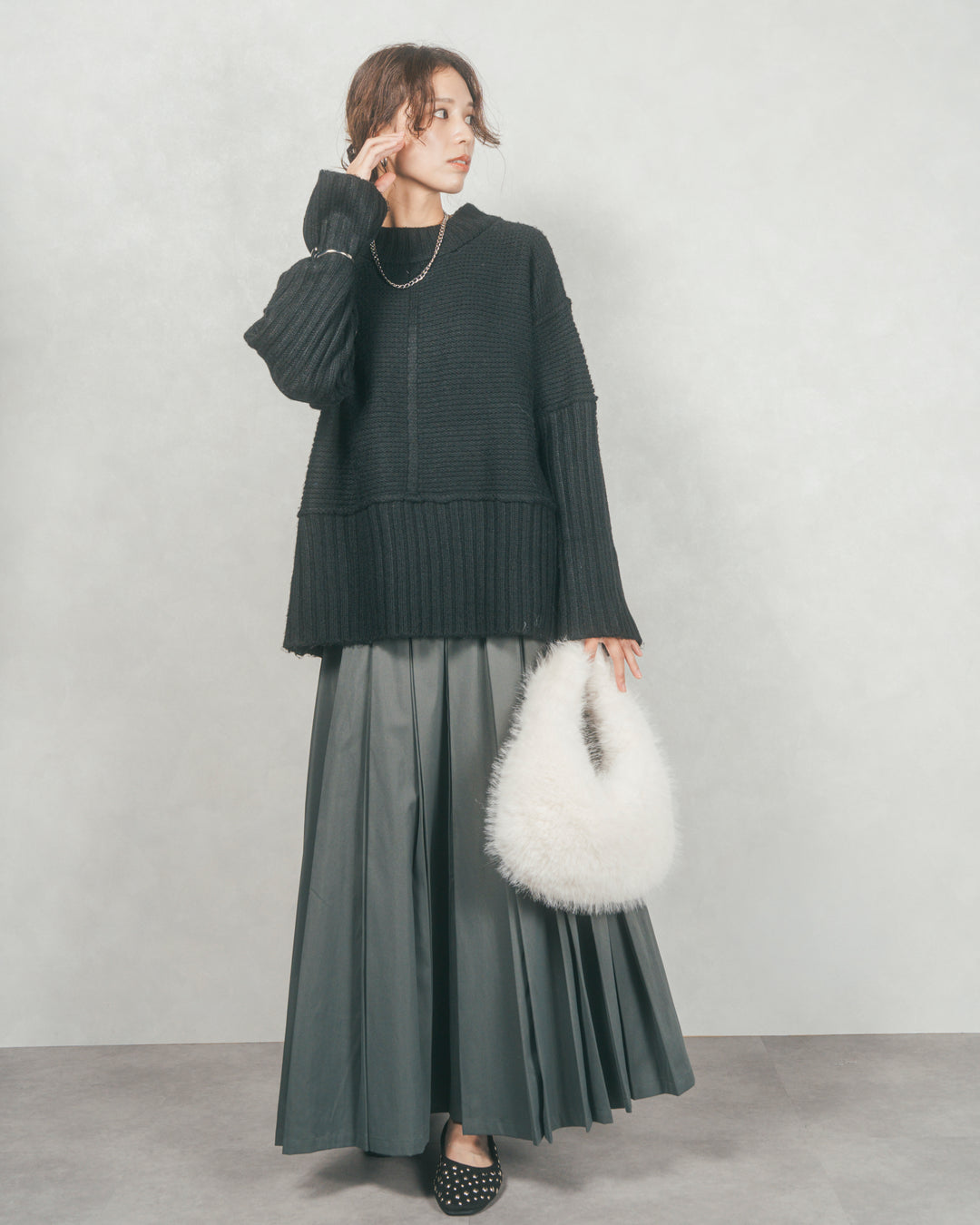 ［SET］リンキングデザイン リラックスニット+W-Tuckプリーツロングスカート（2SET）