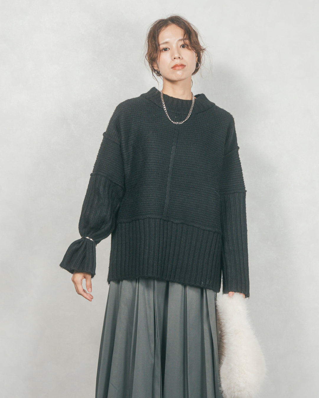 ［SET］リンキングデザイン リラックスニット+W-Tuckプリーツロングスカート（2SET）