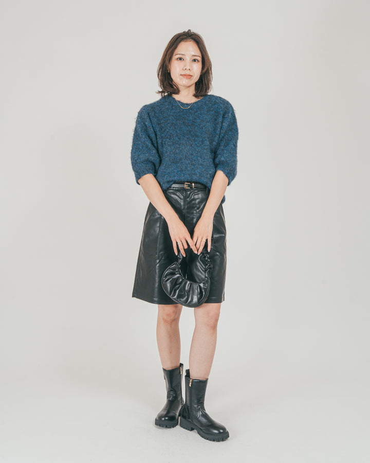 ［SET］フェザータッチハーフスリーブニット + レザーライクハーフパンツ（2SET）
