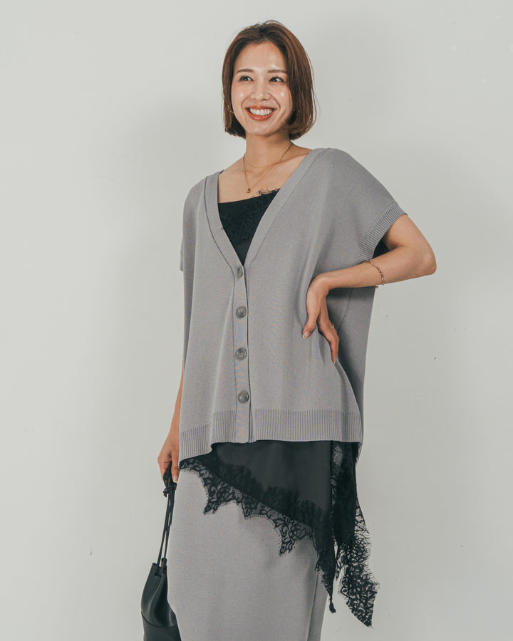 ［SET］VネックRelaxニットベスト + サテンアシメ レースキャミ + Relax Knit ストレートスカート（3SET）